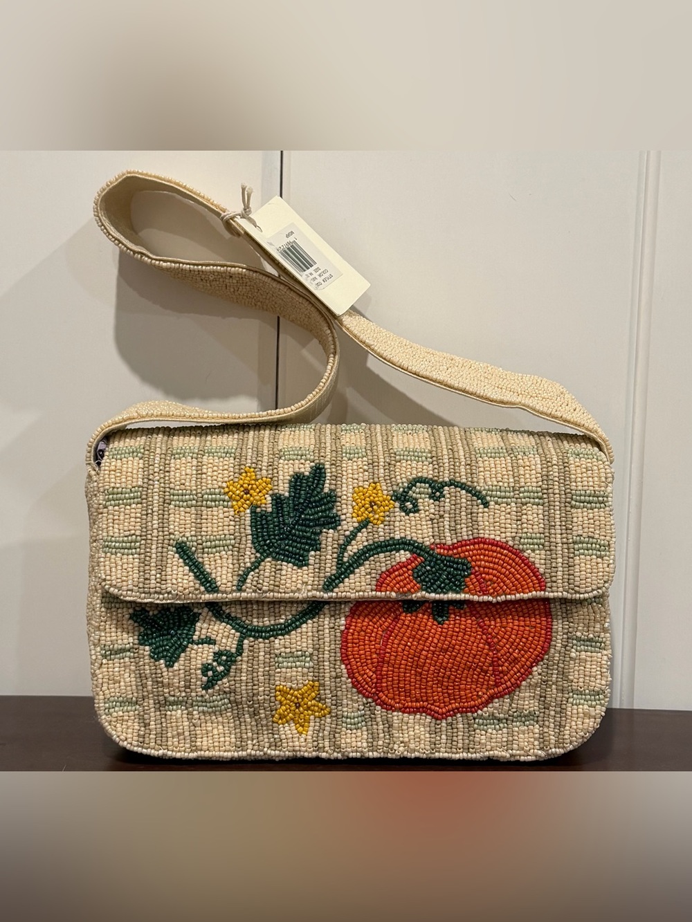 Beaded Pumpkin Floral Shoulder Bag - Cream/Orange